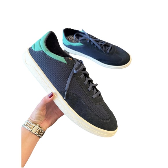 OluKai Punini Shoes Mens Size 14 Navy Green Leather Low Top Sneakers 10514-548Z - Picture 1 of 16